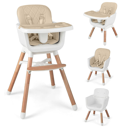 Yadala High Chair, 3-in-1 Convertible Wooden High Chair with Adjustable Legs & Removable Tray, Beige