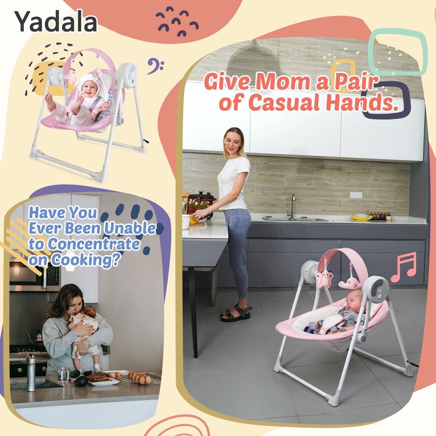 Yadala Baby Swing, Foldable Baby Swing for Infants with 5 Adaptable Speed, 12 Music, 3 Timer Setting, 0-12 Months, Pink