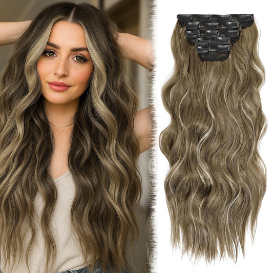 20 Inch Clip in human Hair Extensions 4Pcs Light Brown Blonde Mix Wavy Curly Hairpieces for Women Thick & Natural-Looking