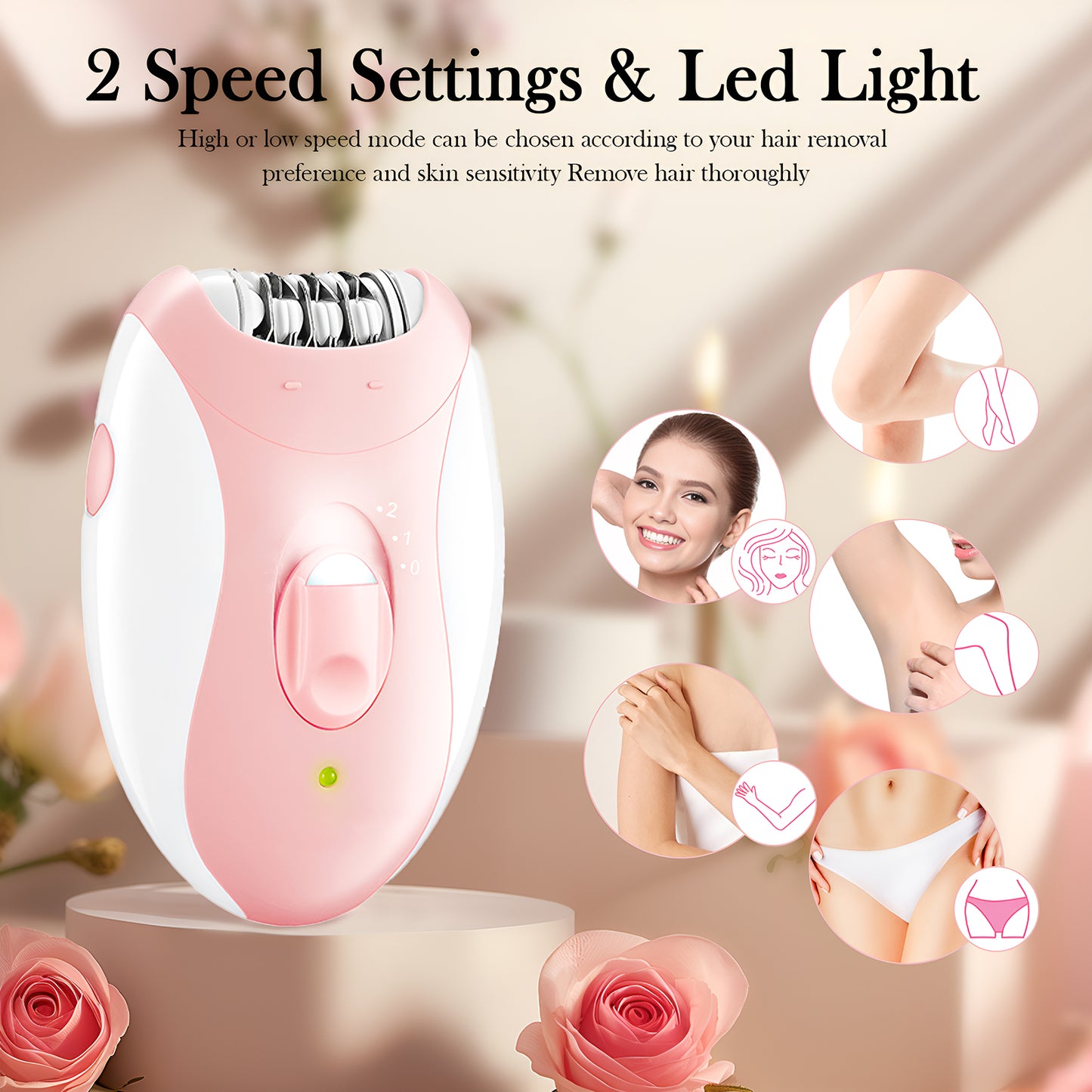 Epilator for Women, Facial Hair Mini Epilator for Body, Portable Hair Removal, Smooth Glide Epilator with LED for Face Legs Bikini-White/Pink