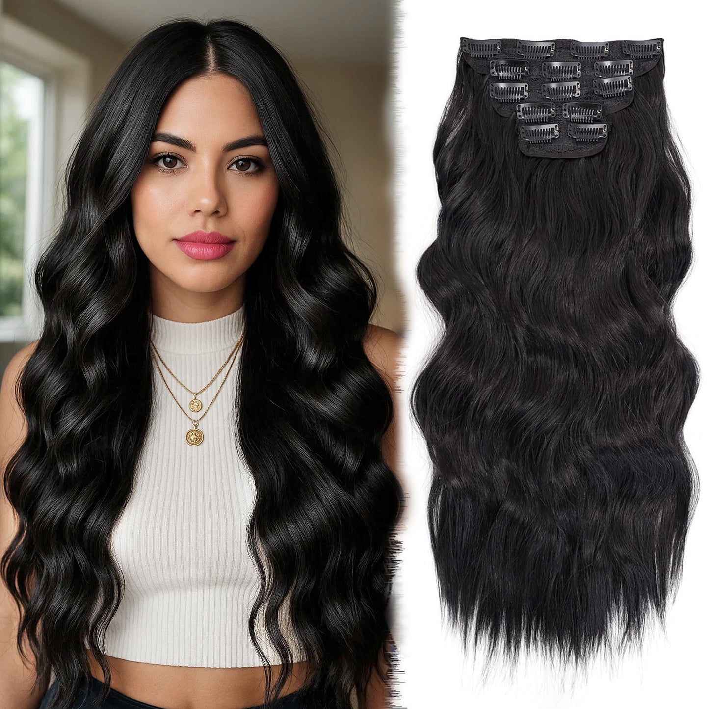 Clip in human Hair Extensions 20 Inch 4Pcs Natural Black Long Wavy Thick Hairpieces Weft Natural Hair Extensions for Women