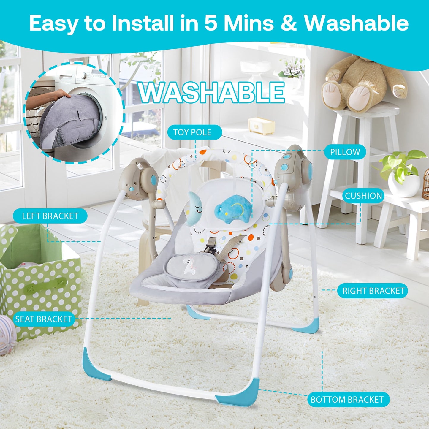 Yadala Baby Swing, Foldable Baby Swing for Infants with Adaptable Speeds, Music, 0-9 Months, Khaki