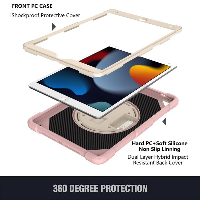 ROWFRO iPad 7th 8th 9th 10.2 Case Shield Screen Protector and Pencil Holder with Stand Hand Strap Pink
