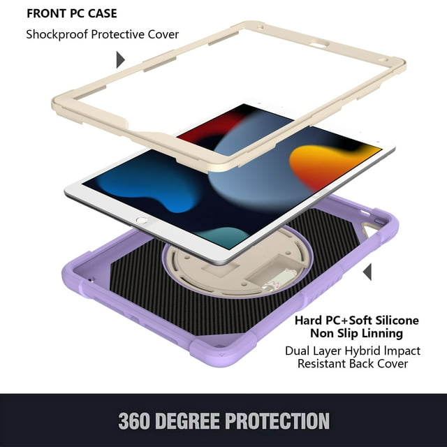 ROWFRO iPad 7th 8th 9th 10.2 Case Shield Screen Protector and Pencil Holder with Stand Hand Strap Purple