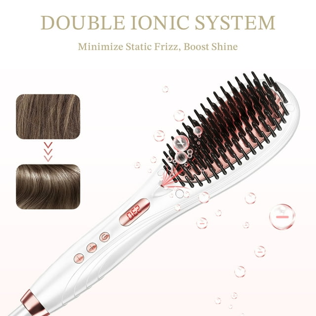 Jungle Wave Hair Straightener Brush, 2-in-1 Ceramic Ionic Straightening Brush, 15s Fast Heating, White