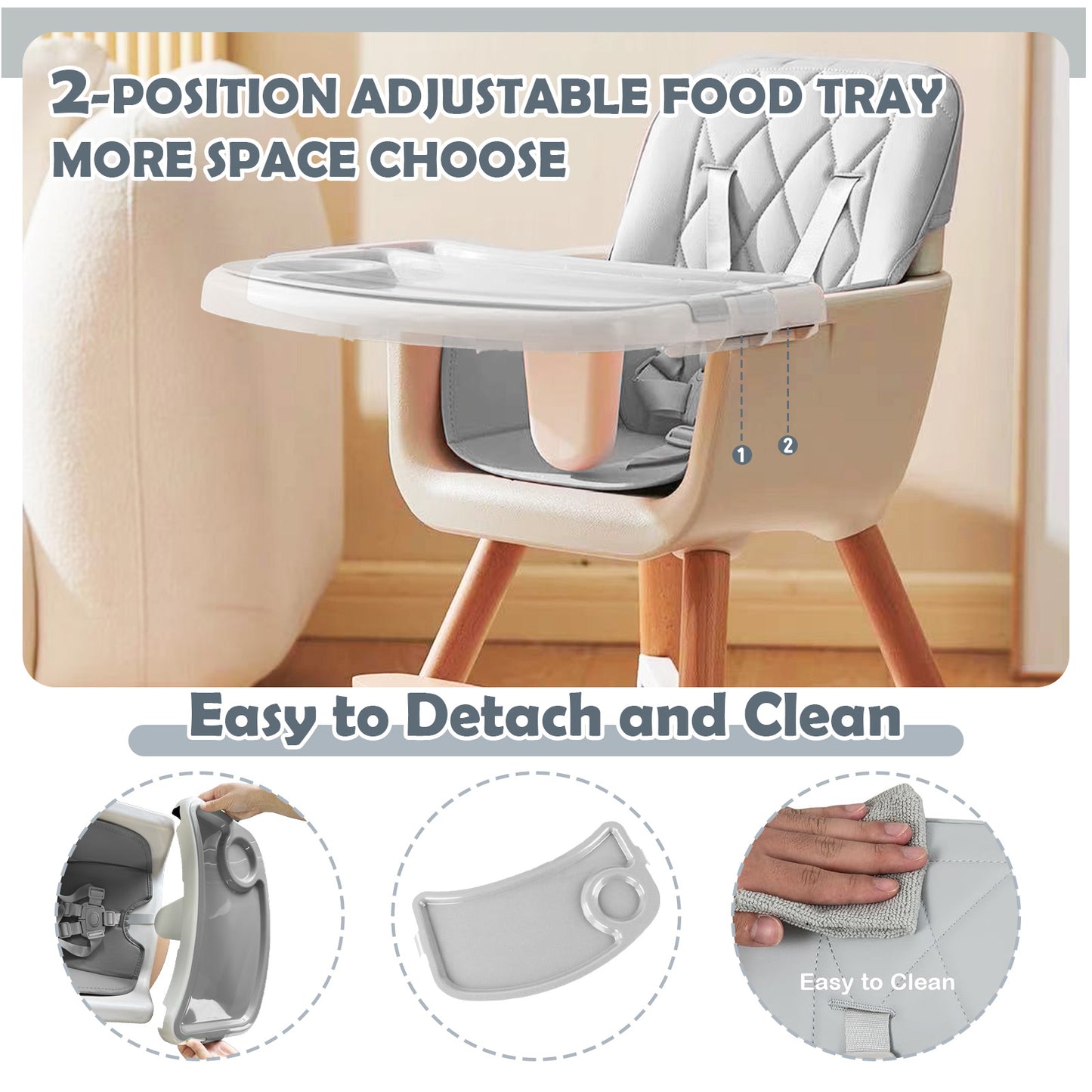 Yadala High Chair, 3-in-1 Convertible Wooden High Chair with Adjustable Legs & Removable Tray, Gray