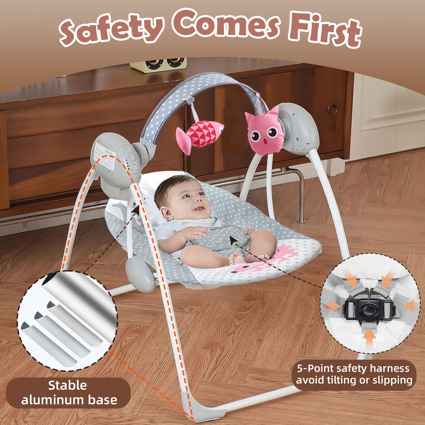 Yadala Baby Swing, Foldable Baby Swing for Infants with Adaptable Speeds, Music, 0-9 Months, Gray