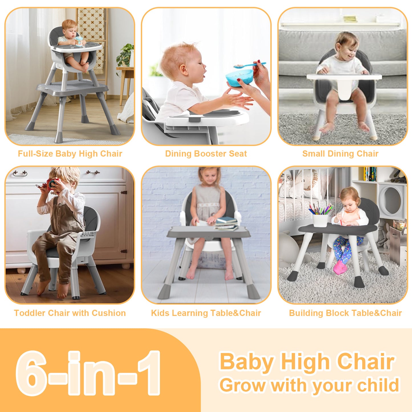 Yadala High Chair, 6 in 1 Convertible High Chairs with Removable Tray for Babies and Toddlers, Gray