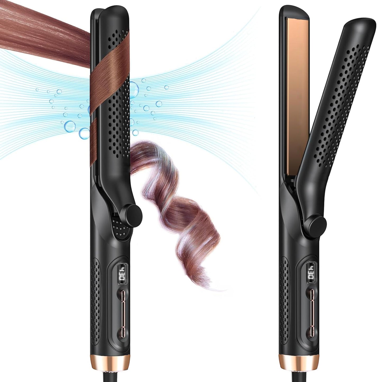 Flat Iron Hair Straightener and Curler 2 in 1，Jungle Wave 360° Airflow Styler Curling Iron, Ionic Hair Styling Tool with Vented Cool Air, 5 Adjustable Temps, Black