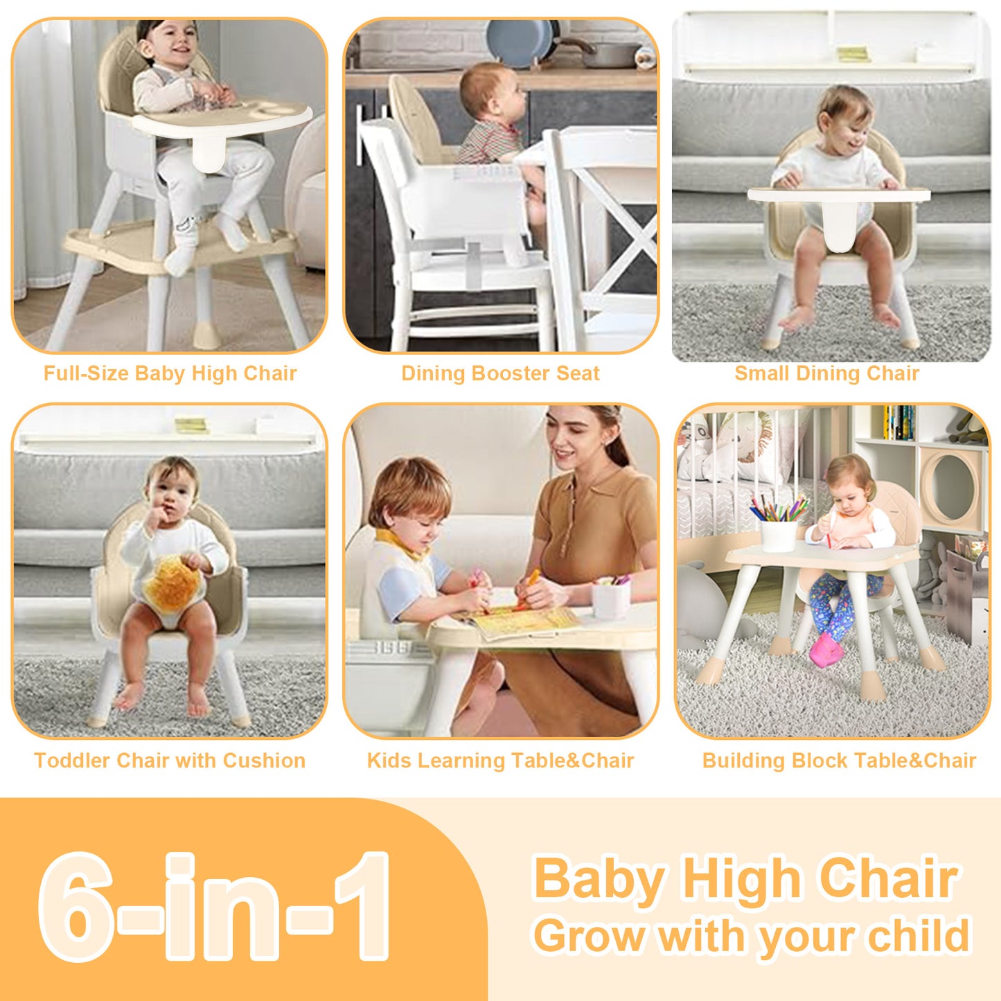 Yadala High Chair, 6 in 1 Convertible High Chairs with Removable Tray for Babies and Toddlers,Beige
