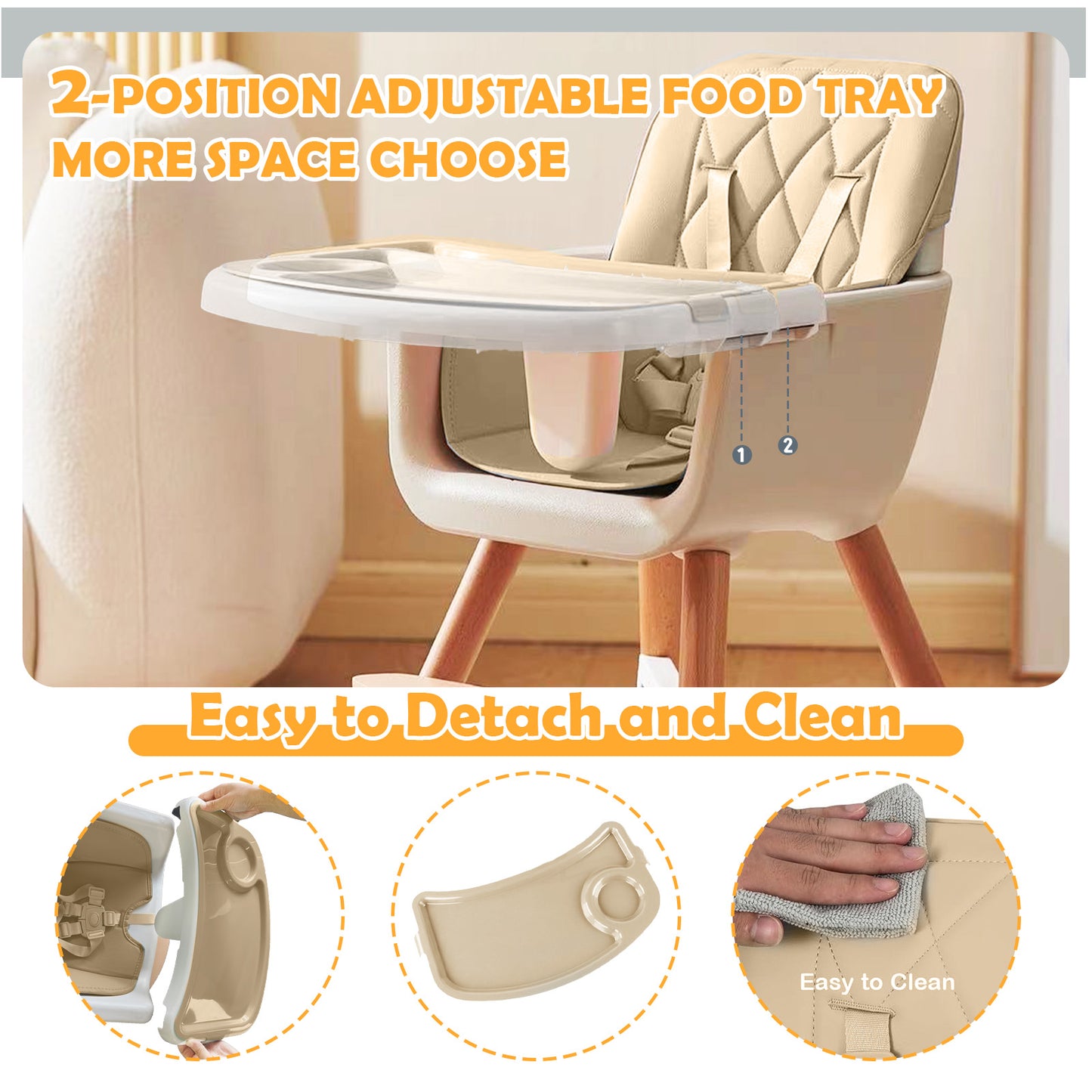 Yadala High Chair, 3-in-1 Convertible Wooden High Chair with Adjustable Legs & Removable Tray, Beige