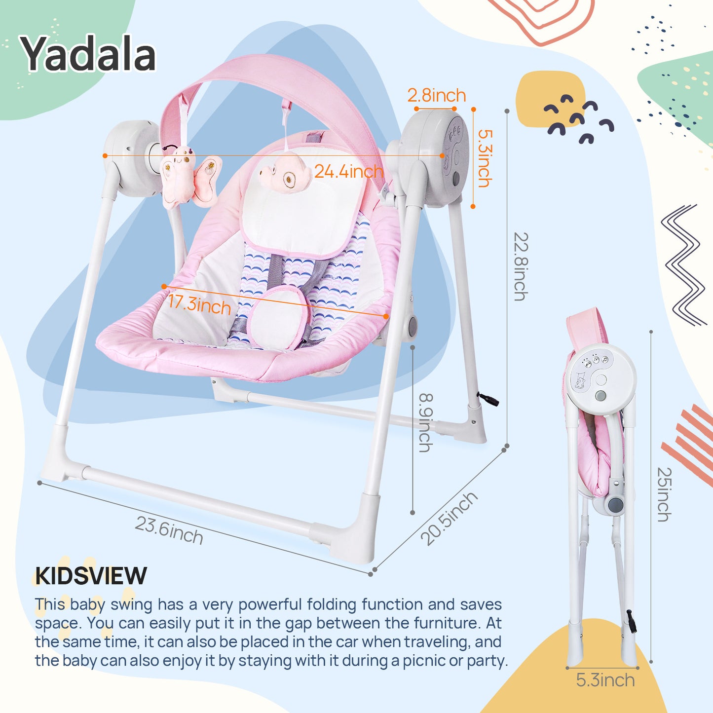Yadala Baby Swing, Foldable Baby Swing for Infants with 5 Adaptable Speed, 12 Music, 3 Timer Setting, 0-12 Months, Pink