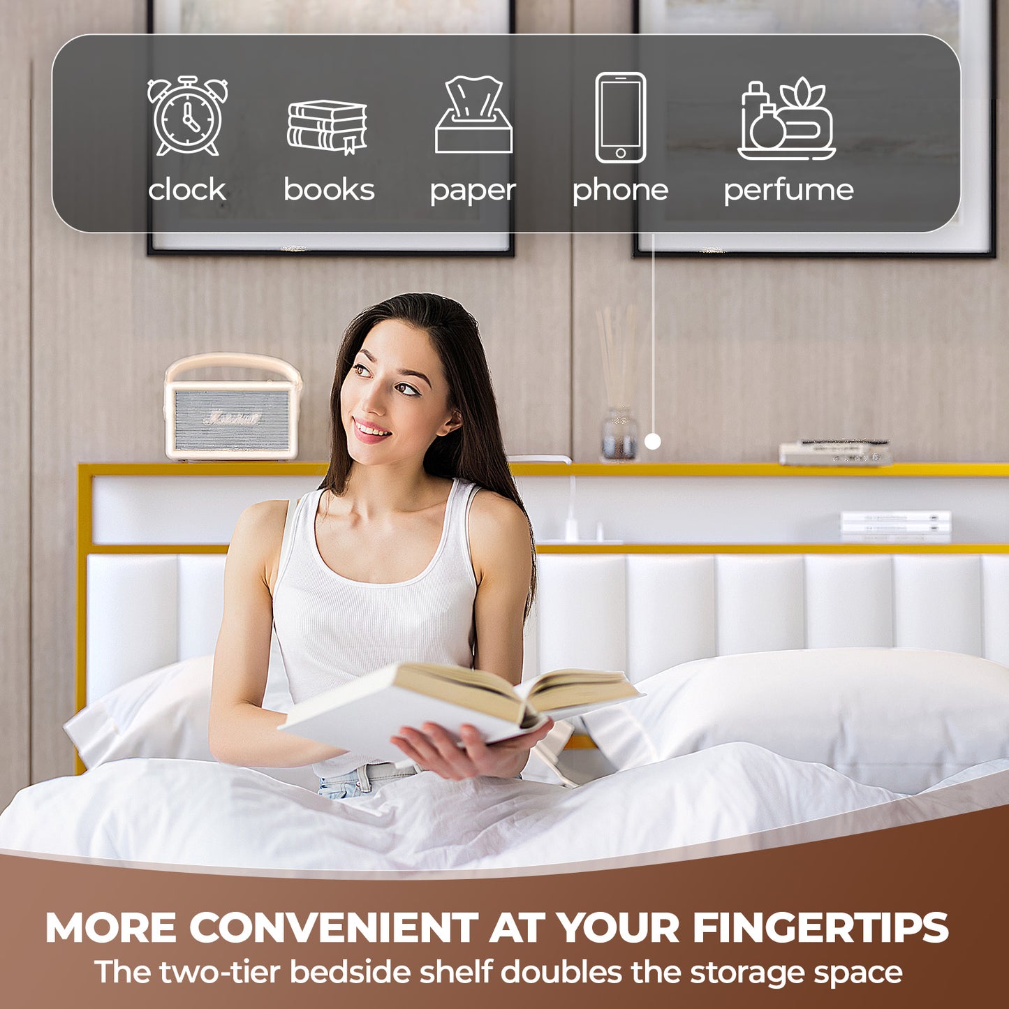 VIPLIVE Queen Bed Frame with Double Layer Faux Leather Upholstered Headboard and 4 Storage Drawers