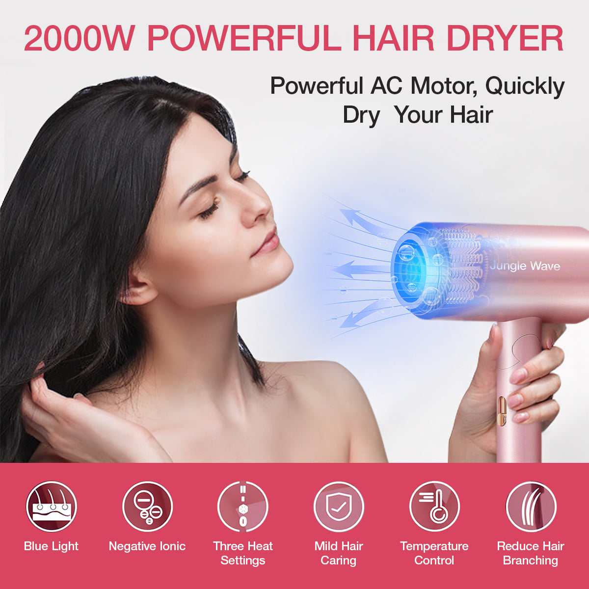 Hair Dryer, 1800W Professional Blow Dryer, Ionic Hair Dryer with Nozzle, Foldable Handle Travel Hair Dryer, Constant Temperature Hair Care