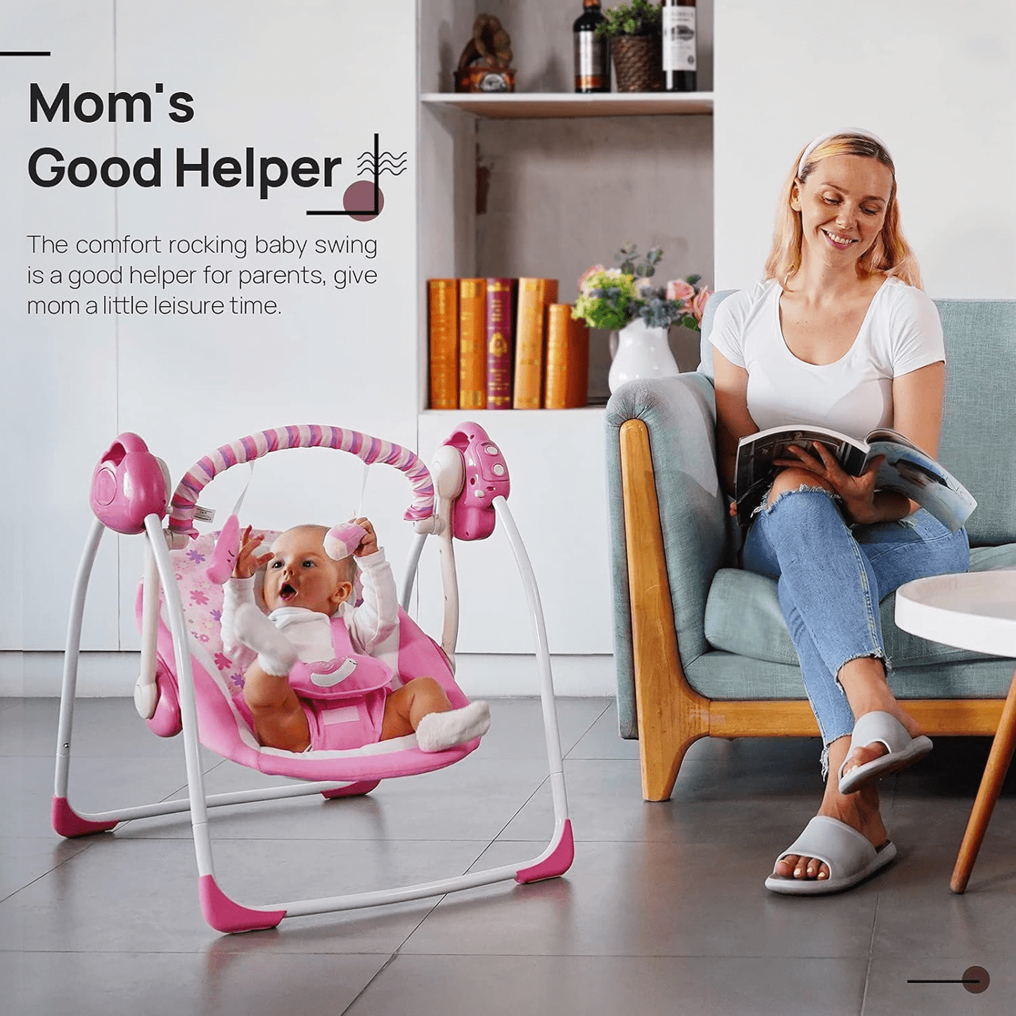 Yadala Baby Swing, Foldable Baby Swing for Infants with Adaptable Speeds, Music, 0-9 Months, Pink