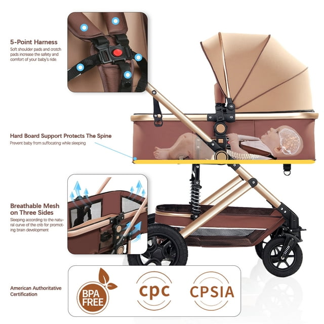 Yadala Baby Stroller for Newborn, 3 in 1 Foldable High Landscape Infant Stroller & Convertible Bassinet Pram