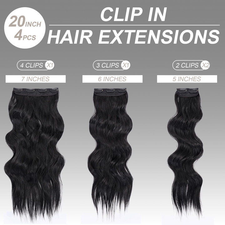 Clip in human Hair Extensions 20 Inch 4Pcs Natural Black Long Wavy Thick Hairpieces Weft Natural Hair Extensions for Women