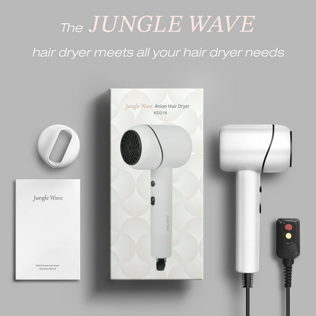 1875W Hair Dryer, Jungle Wave Negative Ion Blow Dryer, Powerful Fast Hairdryer, Gift for Men Women, White