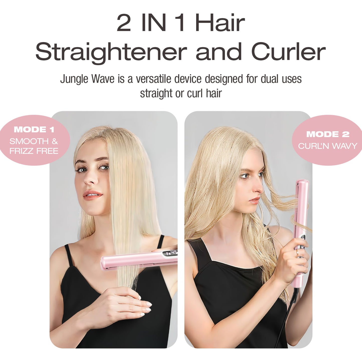 Jungle Wave Flat iron, 2 in 1 Hair Straightener & Curling Iron Styling Tool, Fast Heat Titanium Flat Iron, Pink