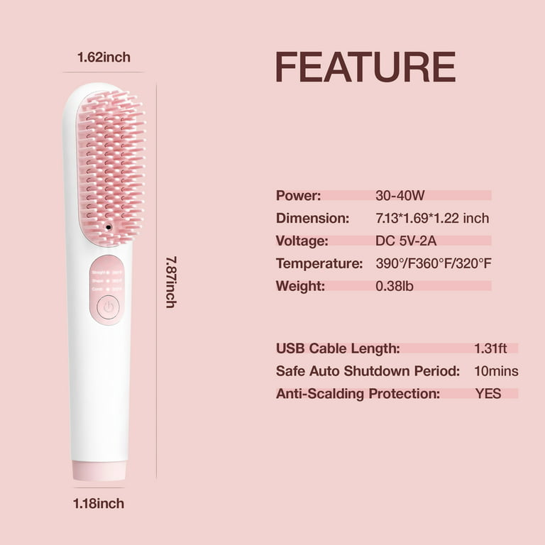 Cordless Hair Straightener Brush, Jungle Wave Portable Ionic Hot Straightening Comb for Travel, Pink