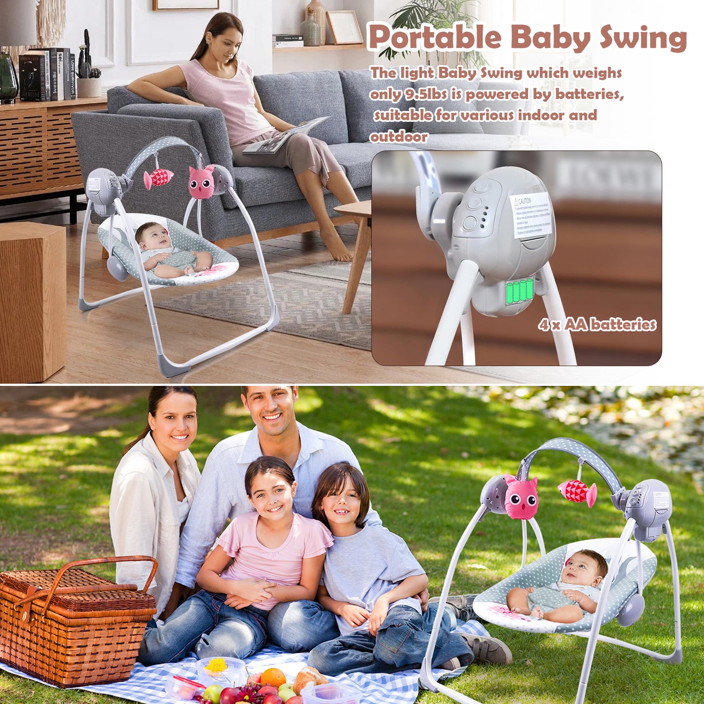 Yadala Baby Swing, Foldable Baby Swing for Infants with Adaptable Speeds, Music, 0-9 Months, Gray