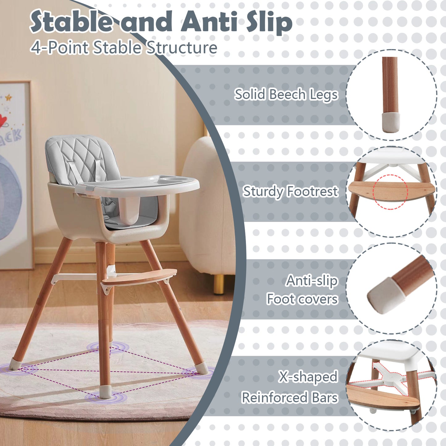 Yadala High Chair, 3-in-1 Convertible Wooden High Chair with Adjustable Legs & Removable Tray, Gray