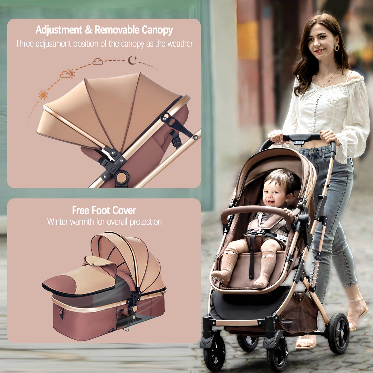Baby Stroller, Yadala Foldable Baby Stroller 3 in 1 Convertible Bassinet Stroller for Newborn Toddler with Adjustable Backrest & Awning, Gray