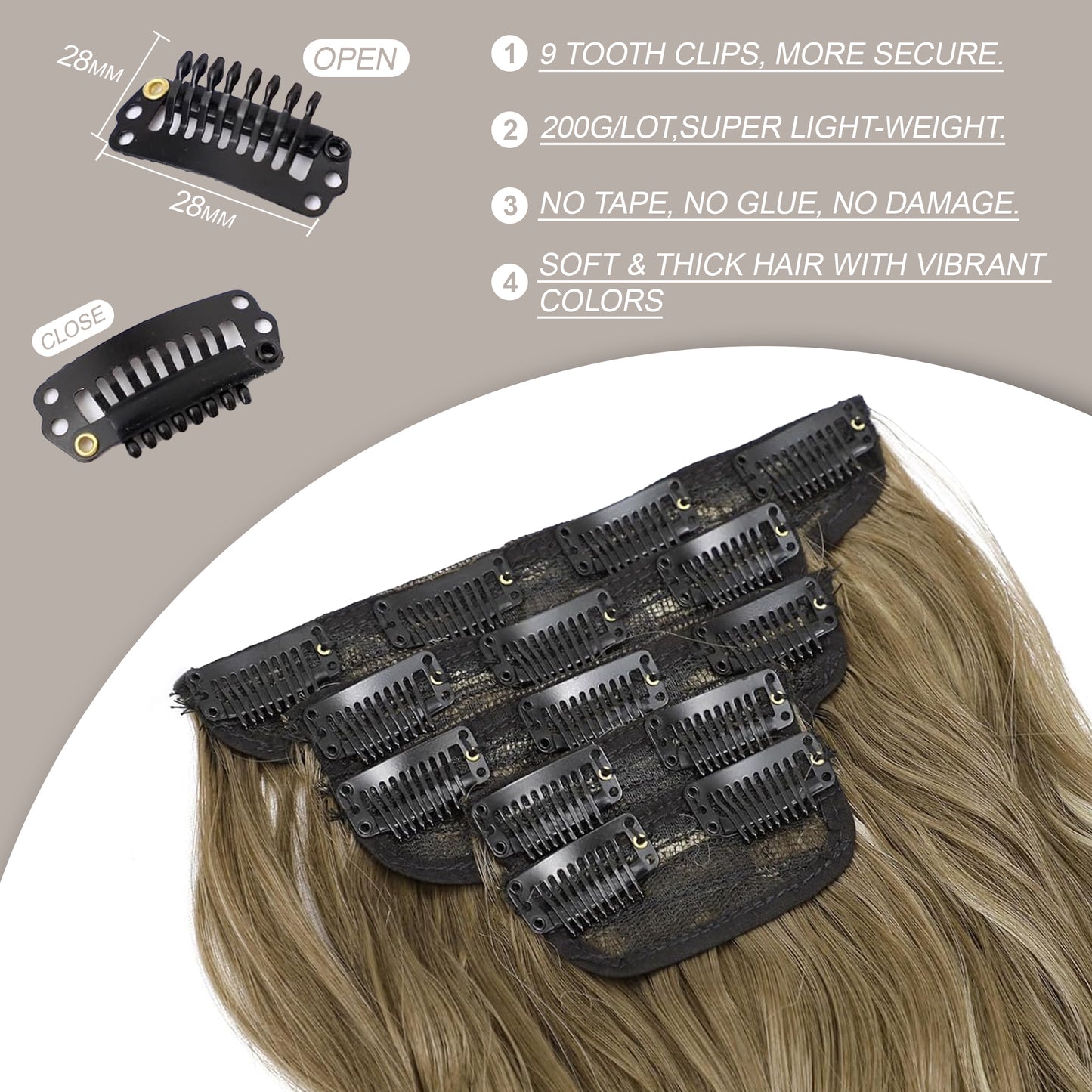 20 Inch Clip in human Hair Extensions 4Pcs Light Brown Blonde Mix Wavy Curly Hairpieces for Women Thick & Natural-Looking