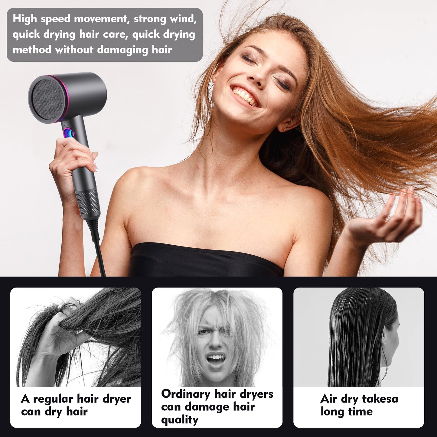 Hair Dryer,Kauoo Professional Ionic Blow Dryer Constant Temperature Hair Care,Fast Drying Low Noise Hairdryer with 3 Magnetic Attachments for Home,Travel and Salon,Grey