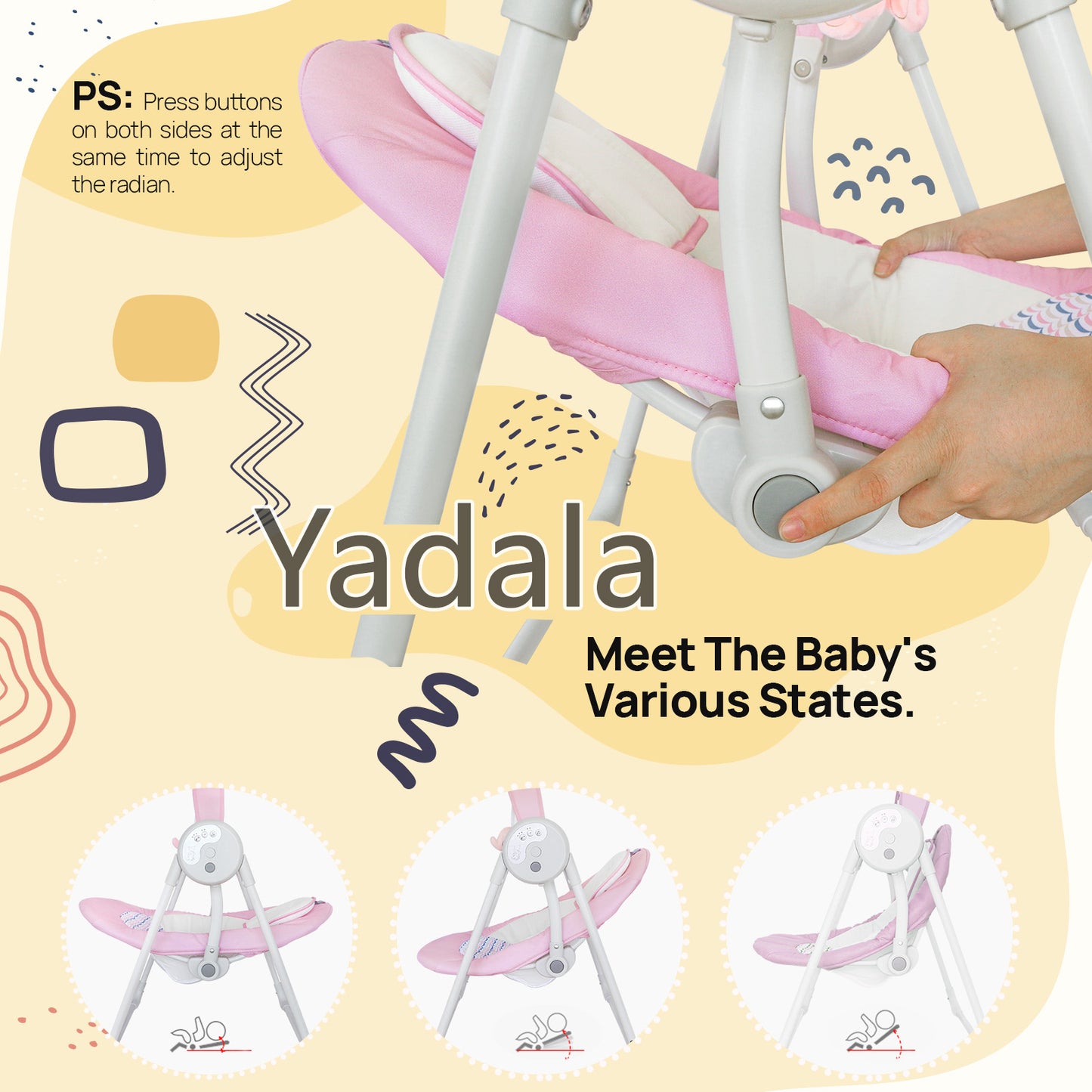 Yadala Baby Swing, Foldable Baby Swing for Infants with 5 Adaptable Speed, 12 Music, 3 Timer Setting, 0-12 Months, Pink
