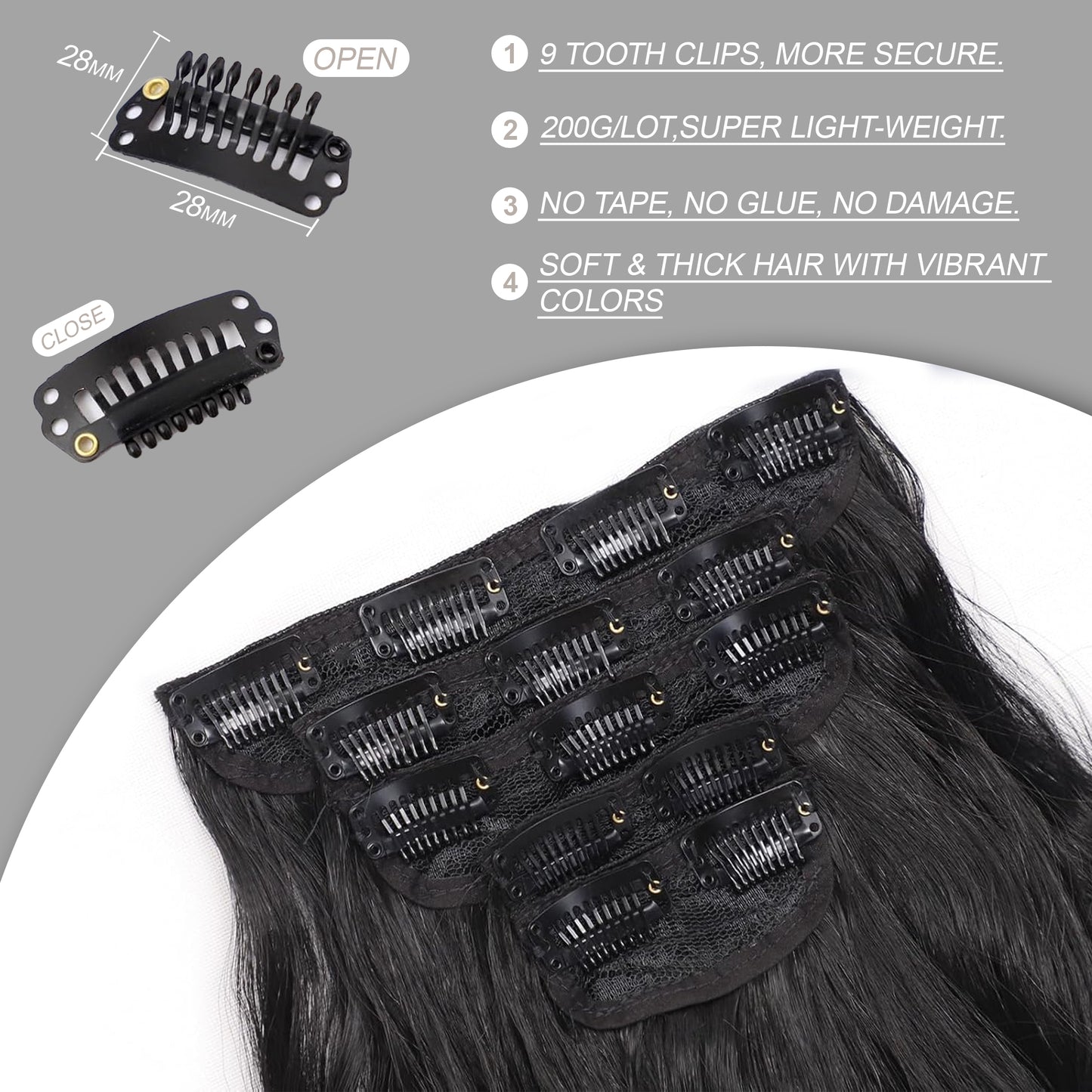 Clip in human Hair Extensions 20 Inch 4Pcs Natural Black Long Wavy Thick Hairpieces Weft Natural Hair Extensions for Women