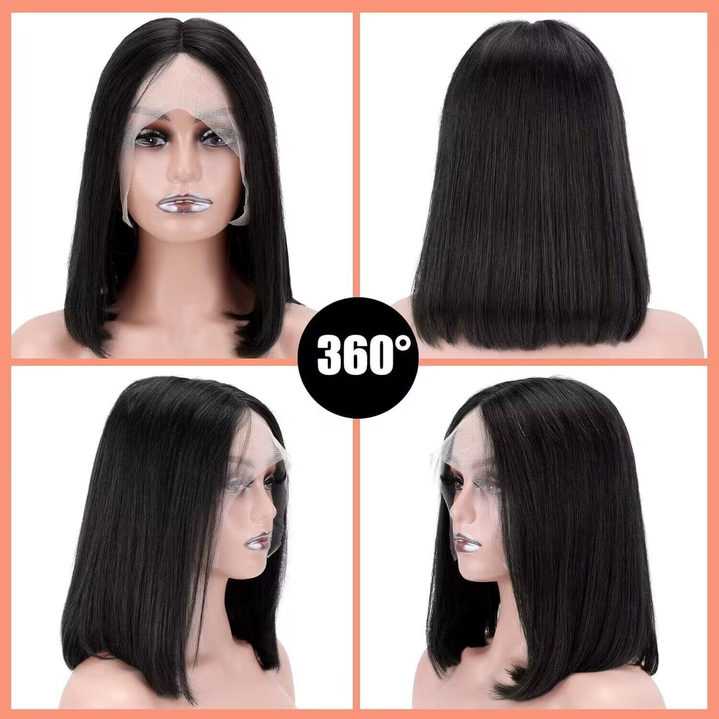 Bob Wig, Natural Black, Glueless, 100% Unprocessed Virgin Human Hair, Medium Size, 12Inches
