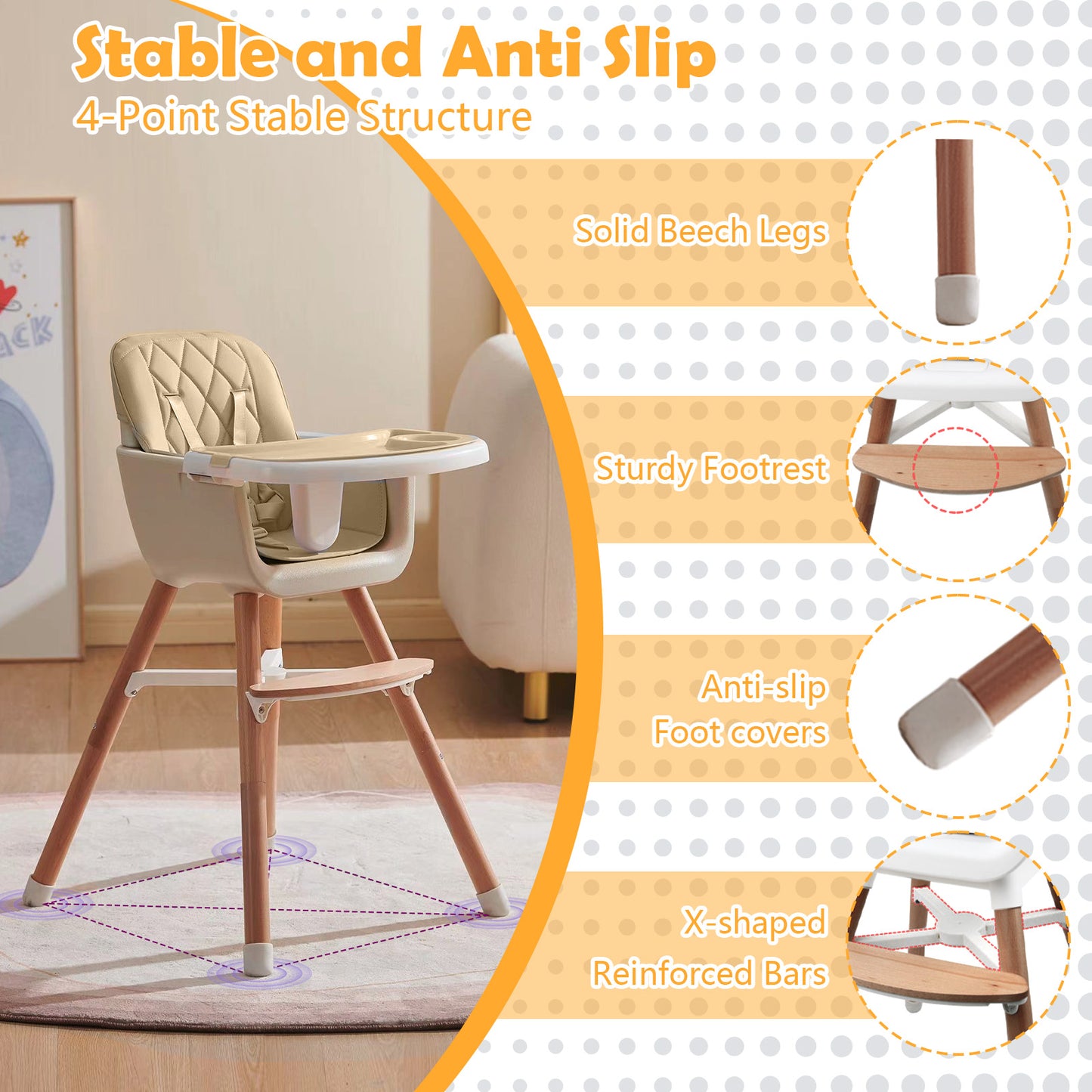 Yadala High Chair, 3-in-1 Convertible Wooden High Chair with Adjustable Legs & Removable Tray, Beige