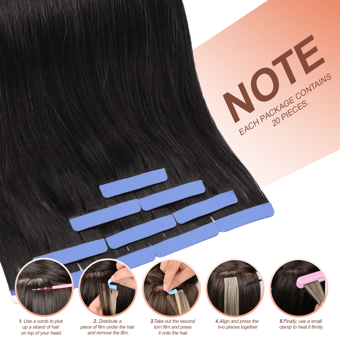 Tape in Hair Extensions Real Human Hair Invisible Remy Hair Extensions Tape ins for Women Jet Black 20 inch 20Pcs 50G