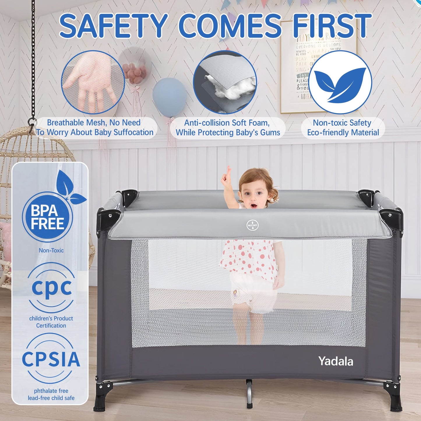 Yadala Baby Playard, Lightweight Pack n Play, Packable and Easy Setup Baby Playpen Bassinet with Removable Padded Mat