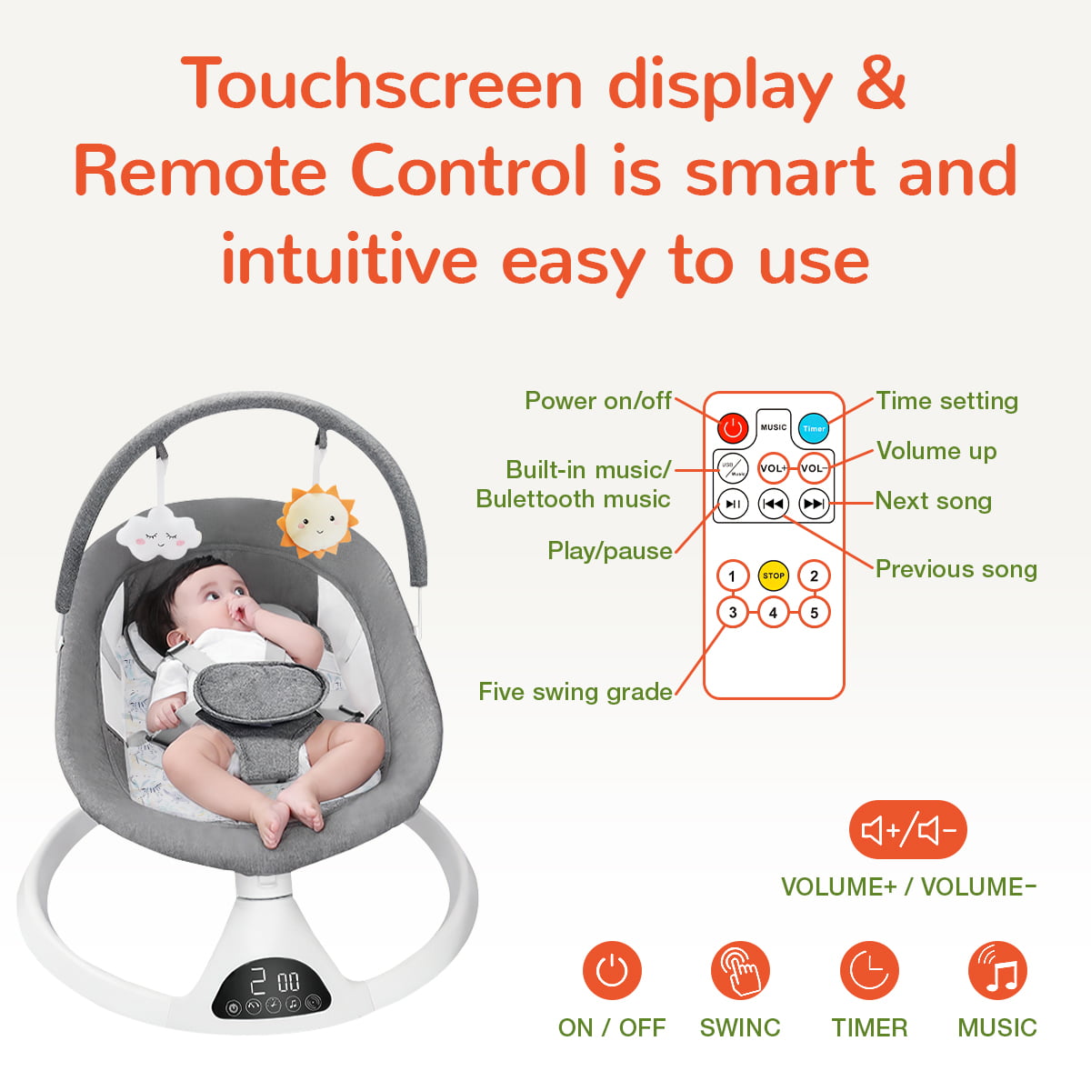 Electric Baby Swing for Infants, Bluetooth Swing Baby Bouncer Baby Rocker with Intelligence Timing, Gray