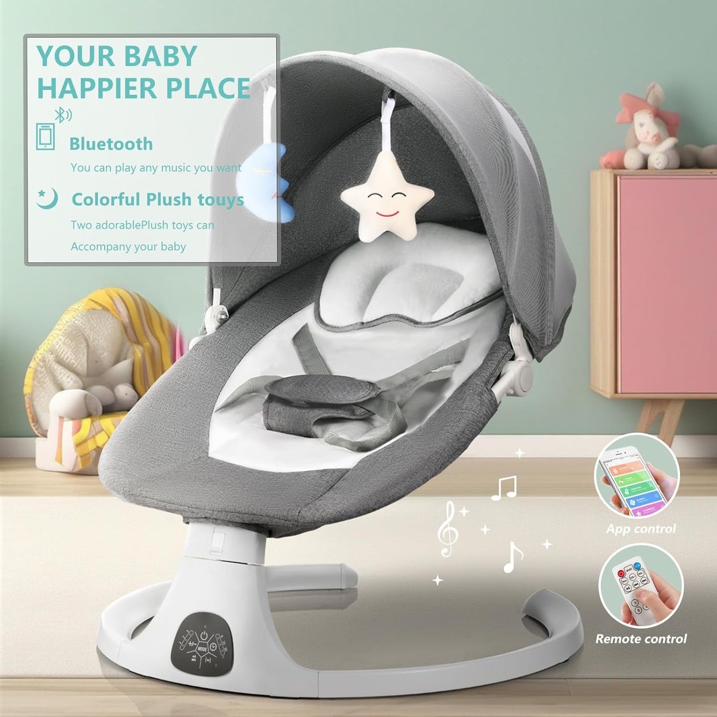Electric Baby Swing for Infants Bouncer for Boy Girl with Remote Control, 5 Speeds, 10 Music, Gray