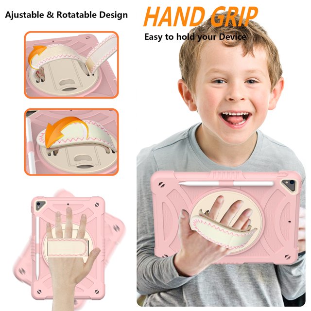 ROWFRO iPad 7th 8th 9th 10.2 Case Shield Screen Protector and Pencil Holder with Stand Hand Strap Pink