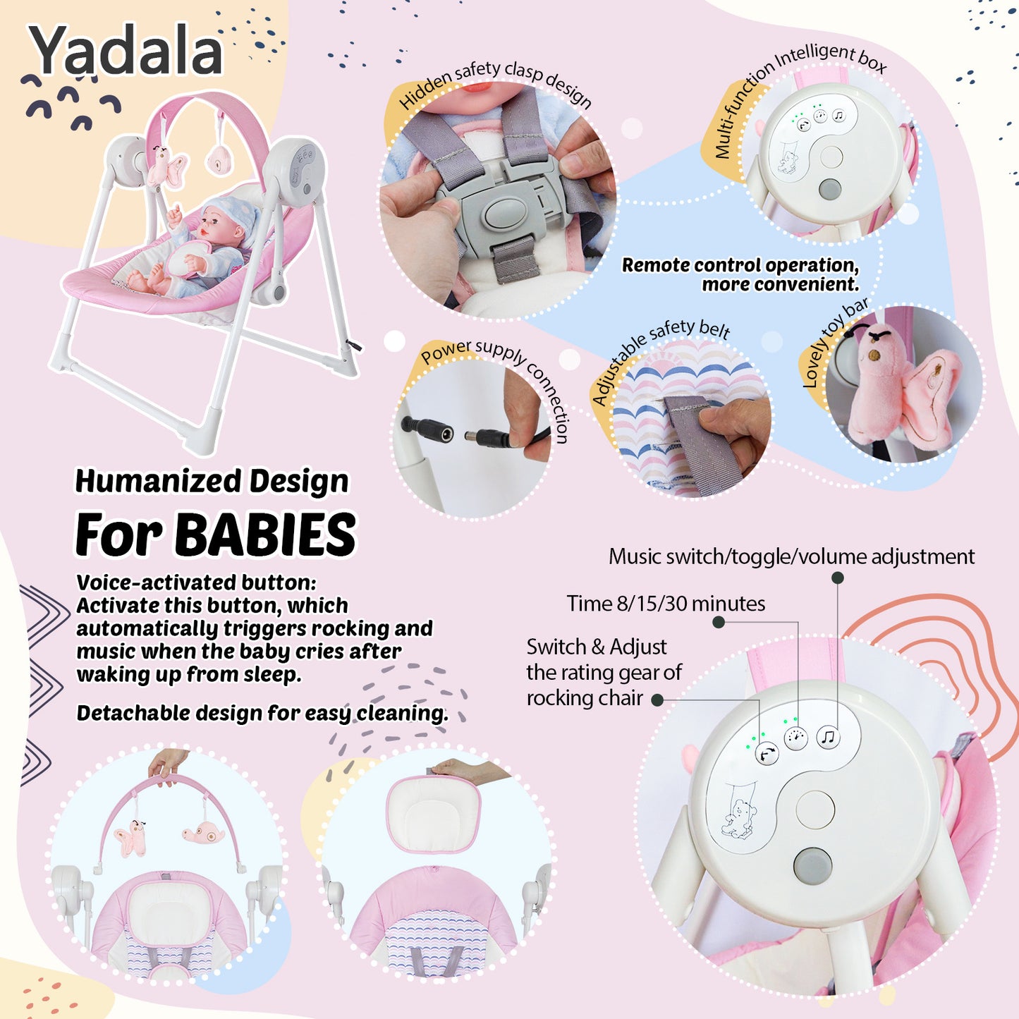 Yadala Baby Swing, Foldable Baby Swing for Infants with 5 Adaptable Speed, 12 Music, 3 Timer Setting, 0-12 Months, Pink