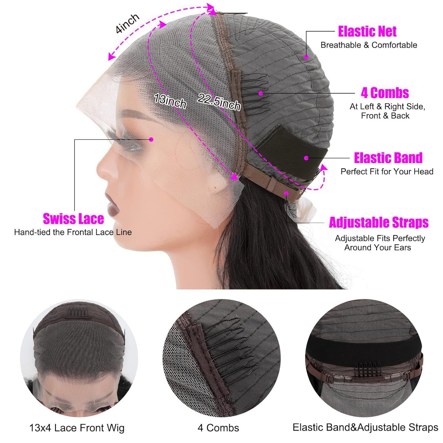Bob Wig, Natural Black, Glueless, 100% Unprocessed Virgin Human Hair, Medium Size, 12Inches