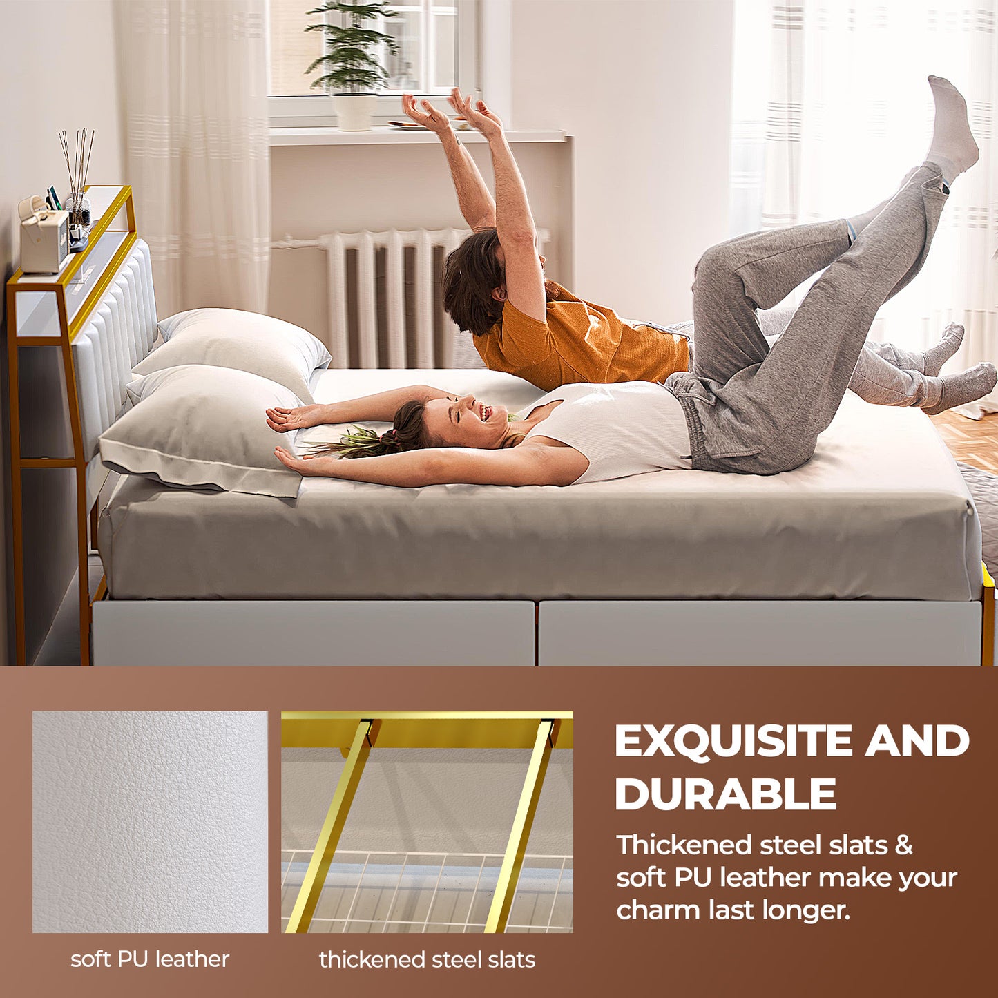 VIPLIVE Full Bed Frame with Double Layer Faux Leather Upholstered Headboard and 2 Storage Drawers
