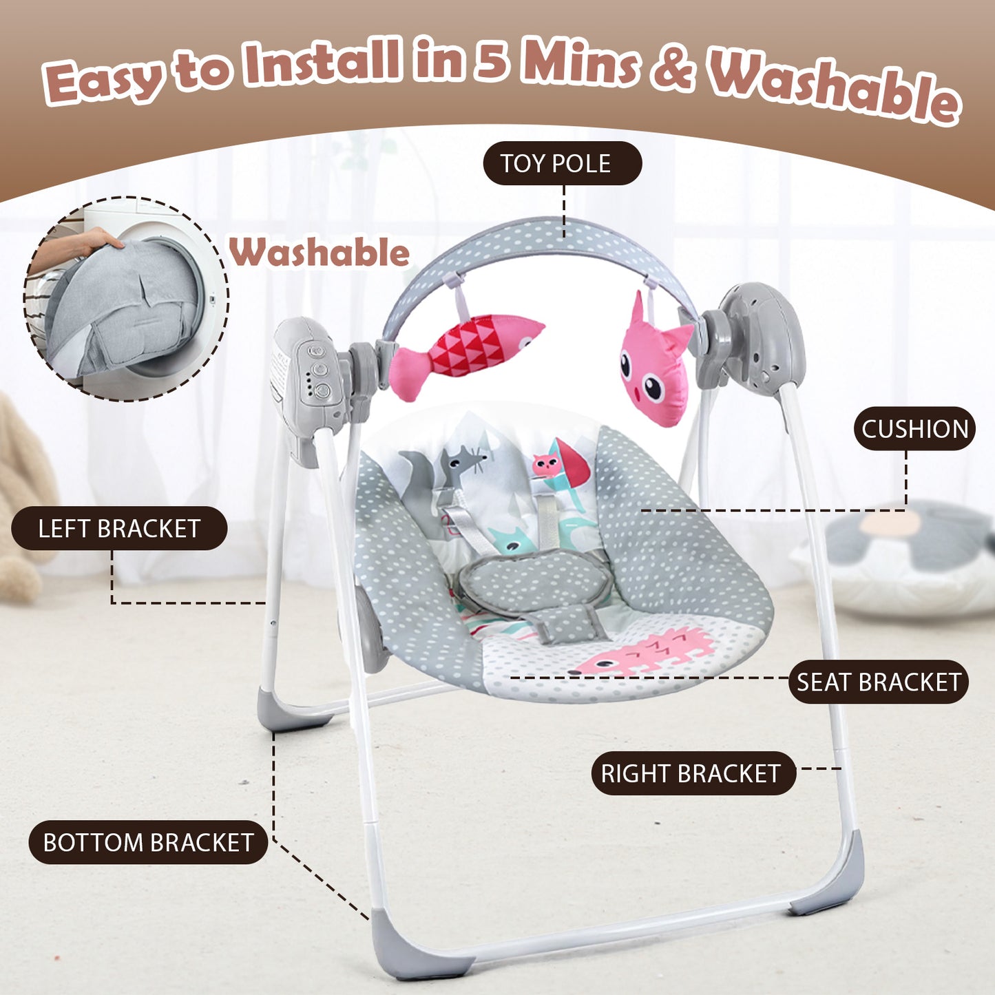 Yadala Baby Swing, Foldable Baby Swing for Infants with Adaptable Speeds, Music, 0-9 Months, Gray