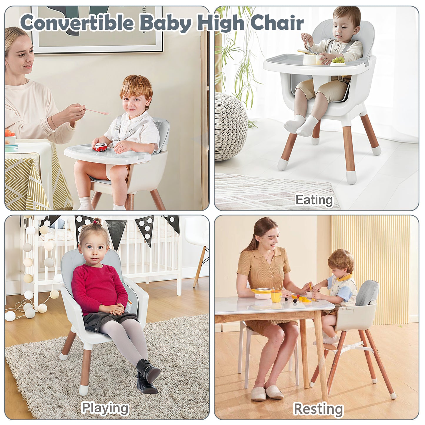 Yadala High Chair, 3-in-1 Convertible Wooden High Chair with Adjustable Legs & Removable Tray, Gray