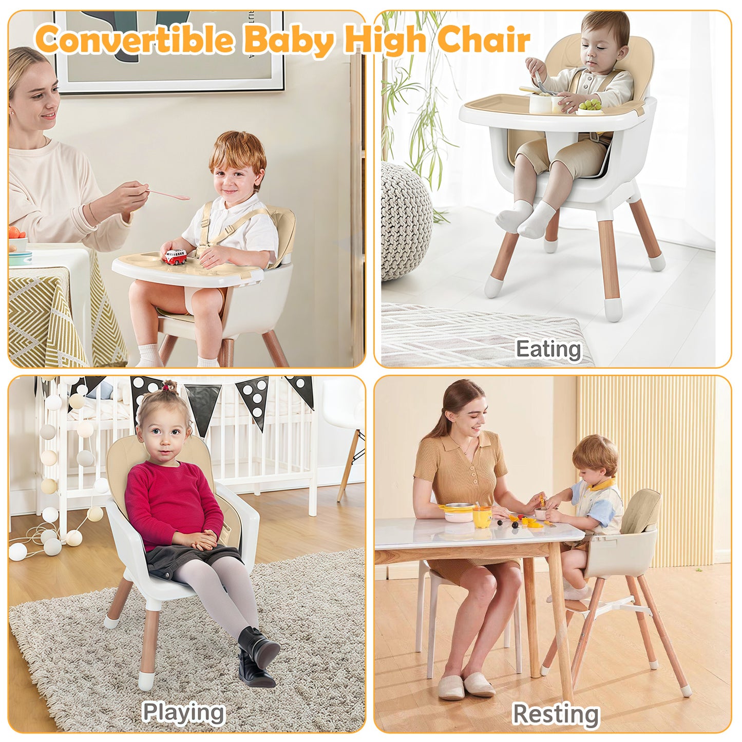 Yadala High Chair, 3-in-1 Convertible Wooden High Chair with Adjustable Legs & Removable Tray, Beige