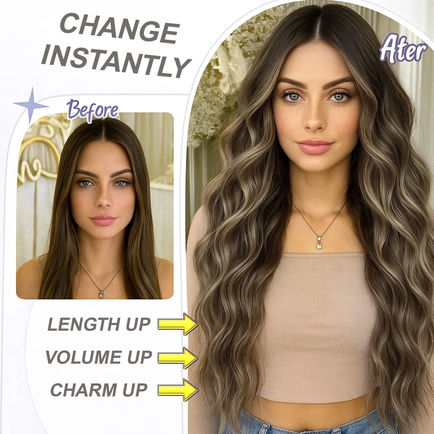 20 Inch Clip in human Hair Extensions 4Pcs Light Brown Blonde Mix Wavy Curly Hairpieces for Women Thick & Natural-Looking