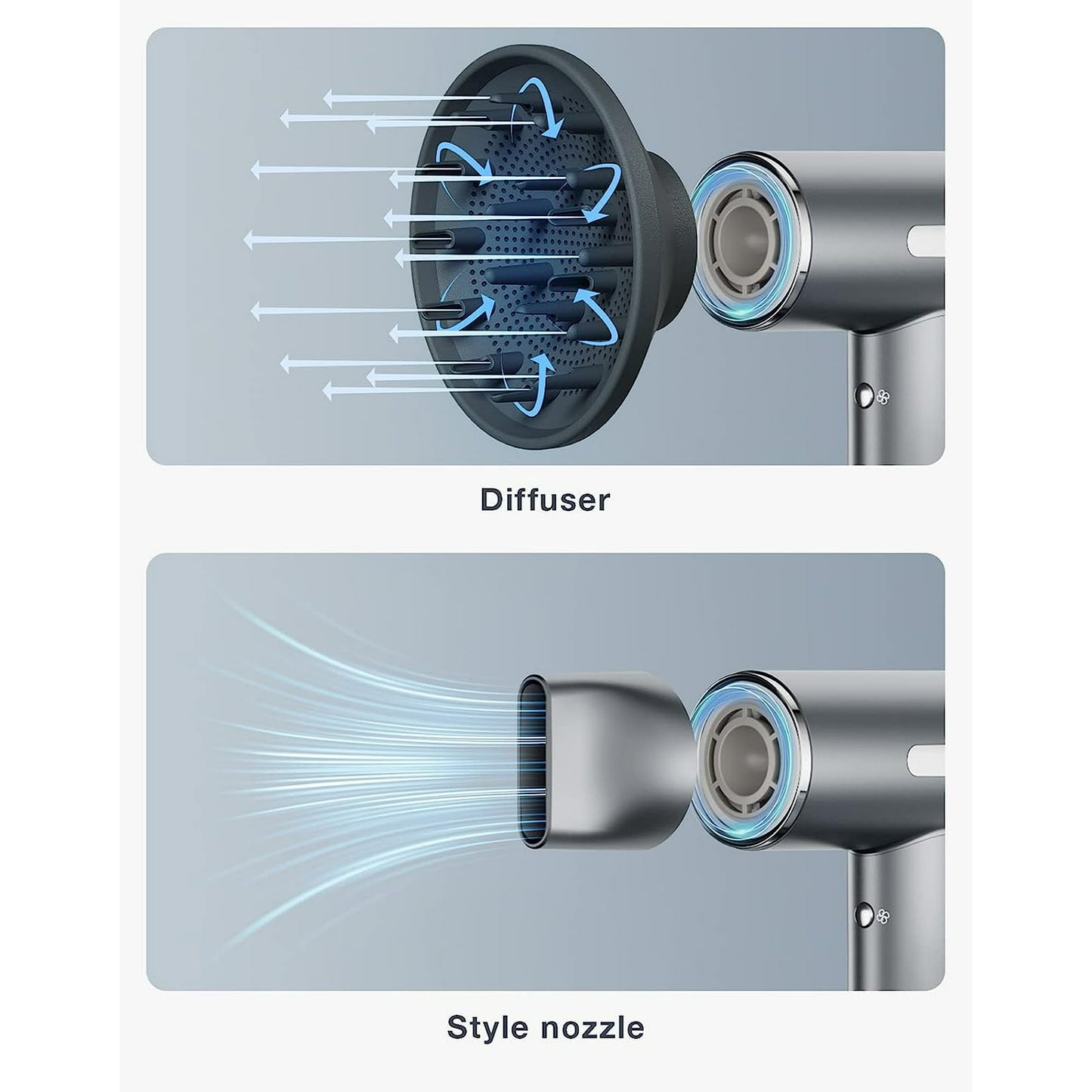Kauoo Hair Dryer, High Speed Blow Dryer with Diffuser & 110,000 RPM Brushless Motor, Ionic Hair Dryer for Fast Drying, Grey