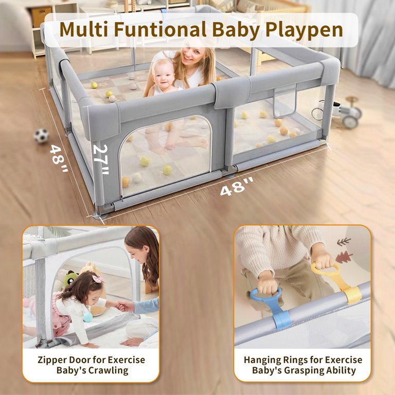 Baby Playpen for Babies and Toddlers, Yadala 48”×48” Indoor & Outdoor Baby Playard with Breathable Mesh, Gray