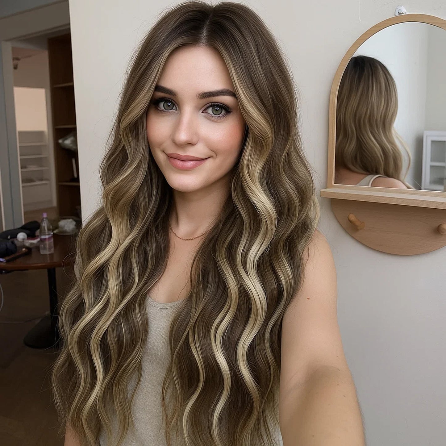 20 Inch Clip in human Hair Extensions 4Pcs Light Brown Blonde Mix Wavy Curly Hairpieces for Women Thick & Natural-Looking