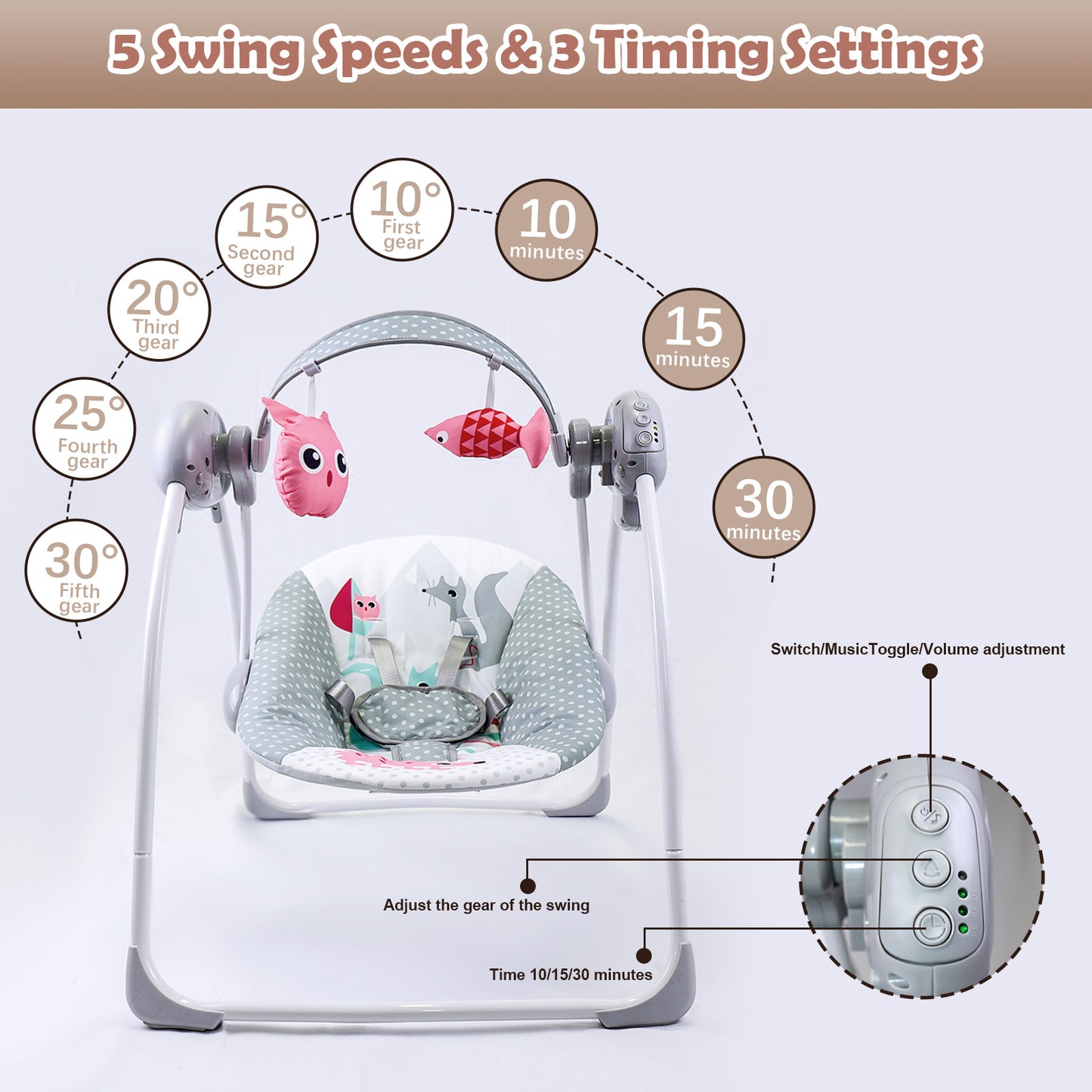 Yadala Baby Swing, Foldable Baby Swing for Infants with Adaptable Speeds, Music, 0-9 Months, Gray