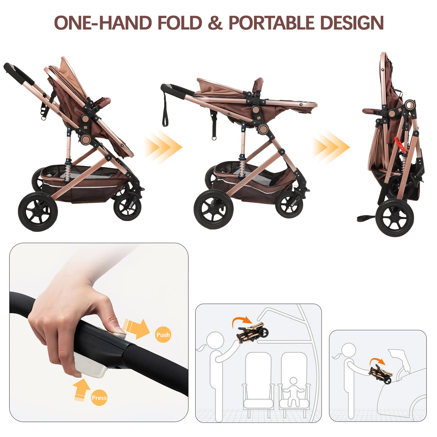 Baby Stroller, Yadala Foldable Baby Stroller 3 in 1 Convertible Bassinet Stroller for Newborn Toddler with Adjustable Backrest & Awning, Gray